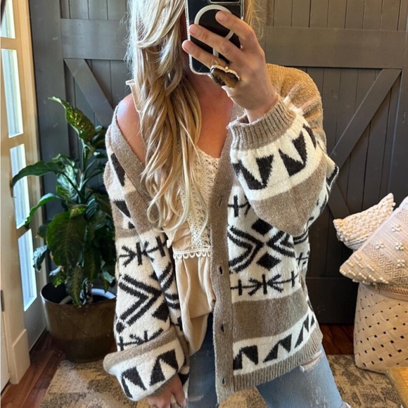 New Aztec Print Native Knit Wool Cardigan Sweater Button Front V-Neck Oversized - Picture 2 of 11